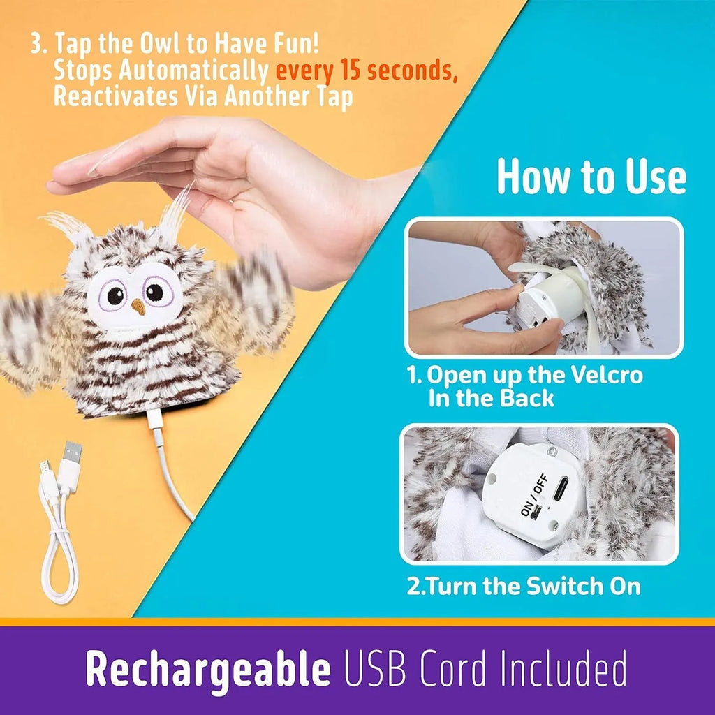 Grey automatic owl cat toy with flapping wings on a plain background