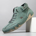 Men's brown high-top Martin boots with round toe and flat rubber sole