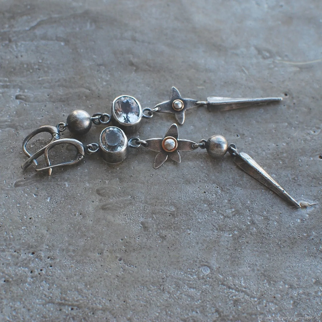 Hesheng geometric long drop earrings in antique silver with rhinestones on XINGX pendant