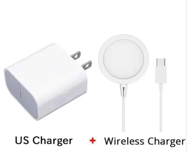 Silver metal Magsafe wireless charger for iPhone on a desk.
