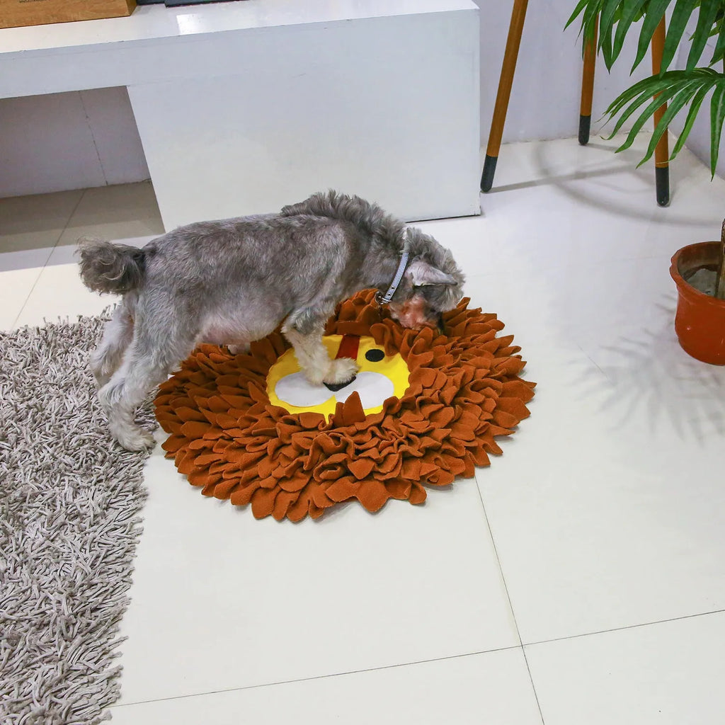 Brown lion pattern snuffle mat for dogs and cats showing fabric folds for food hiding