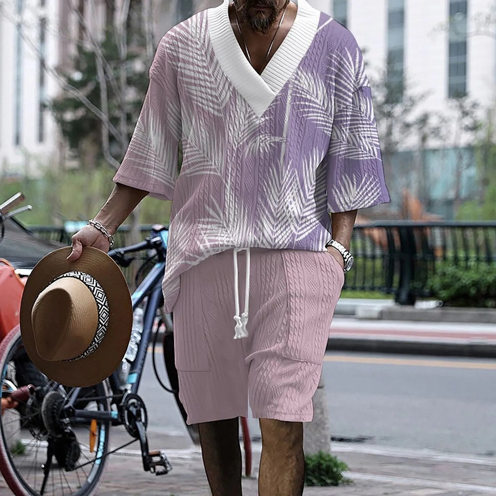 Men's printed knitted shorts suit with drop-shoulder short-sleeve top and matching shorts in chemical fibre blend fabric