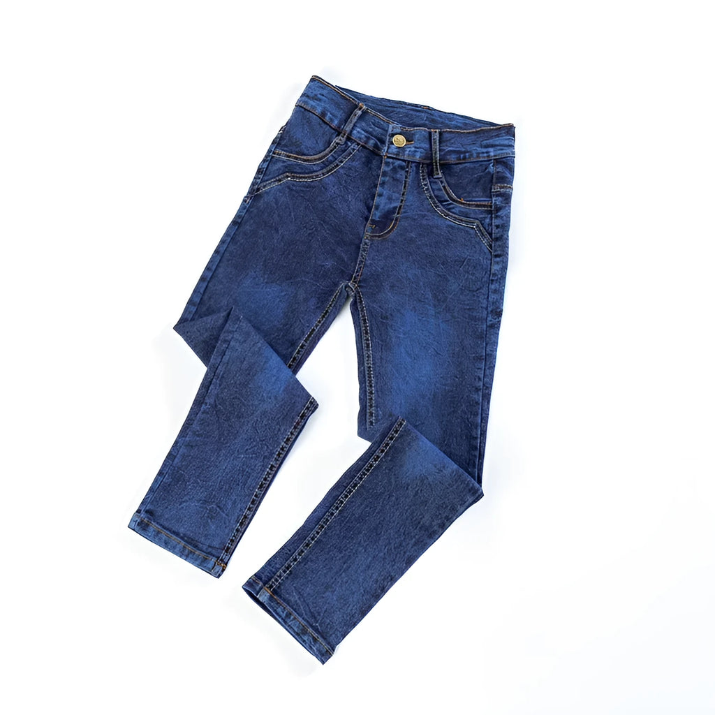 Boys' blue flat stretch slim long jeans on a child model