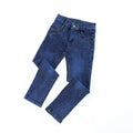 Boys' blue flat stretch slim long jeans on a child model