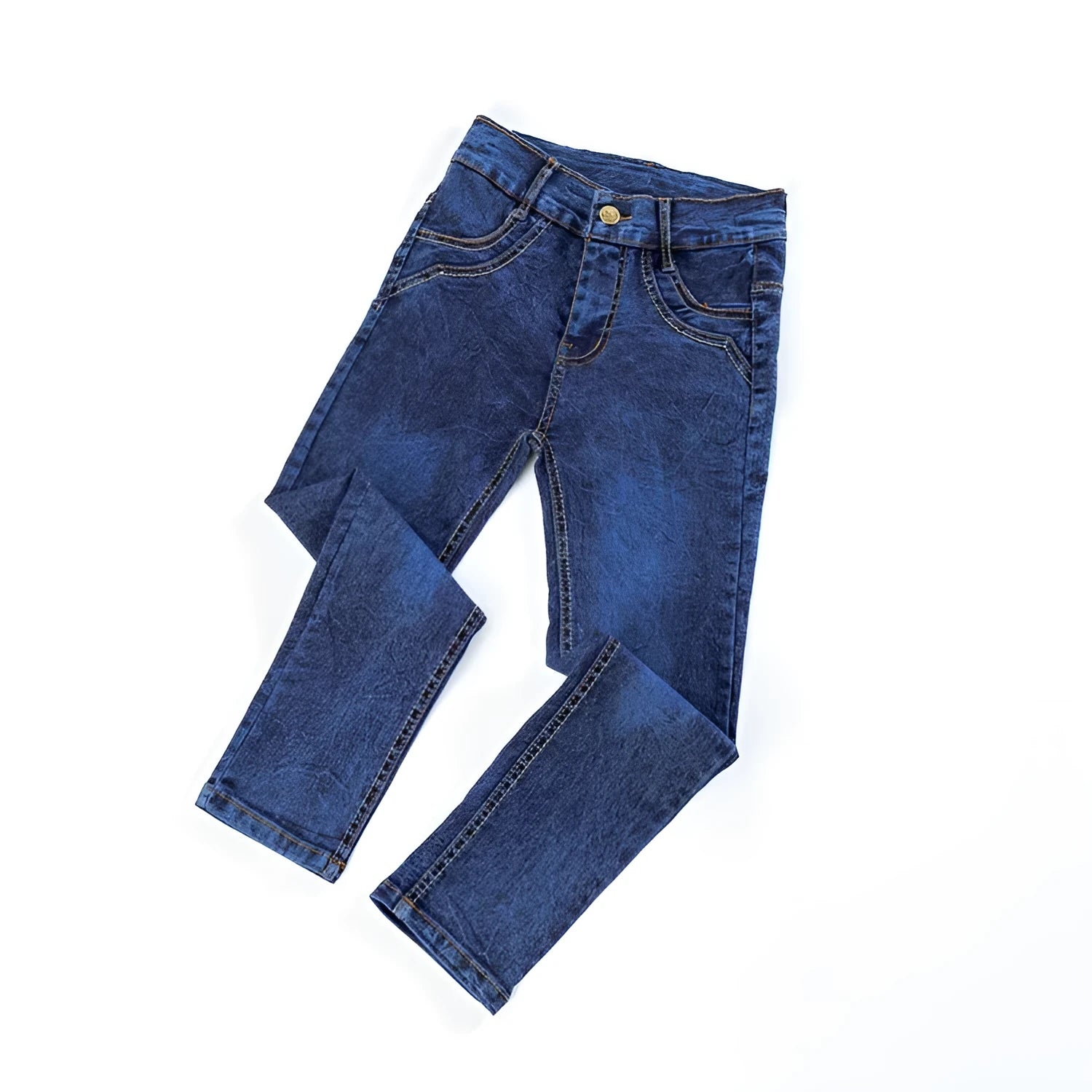 Boys' blue flat stretch slim long jeans on a child model