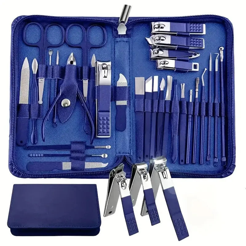 30-piece stainless steel nail beauty tool set with tools in five colour options including pink, blue, rose gold