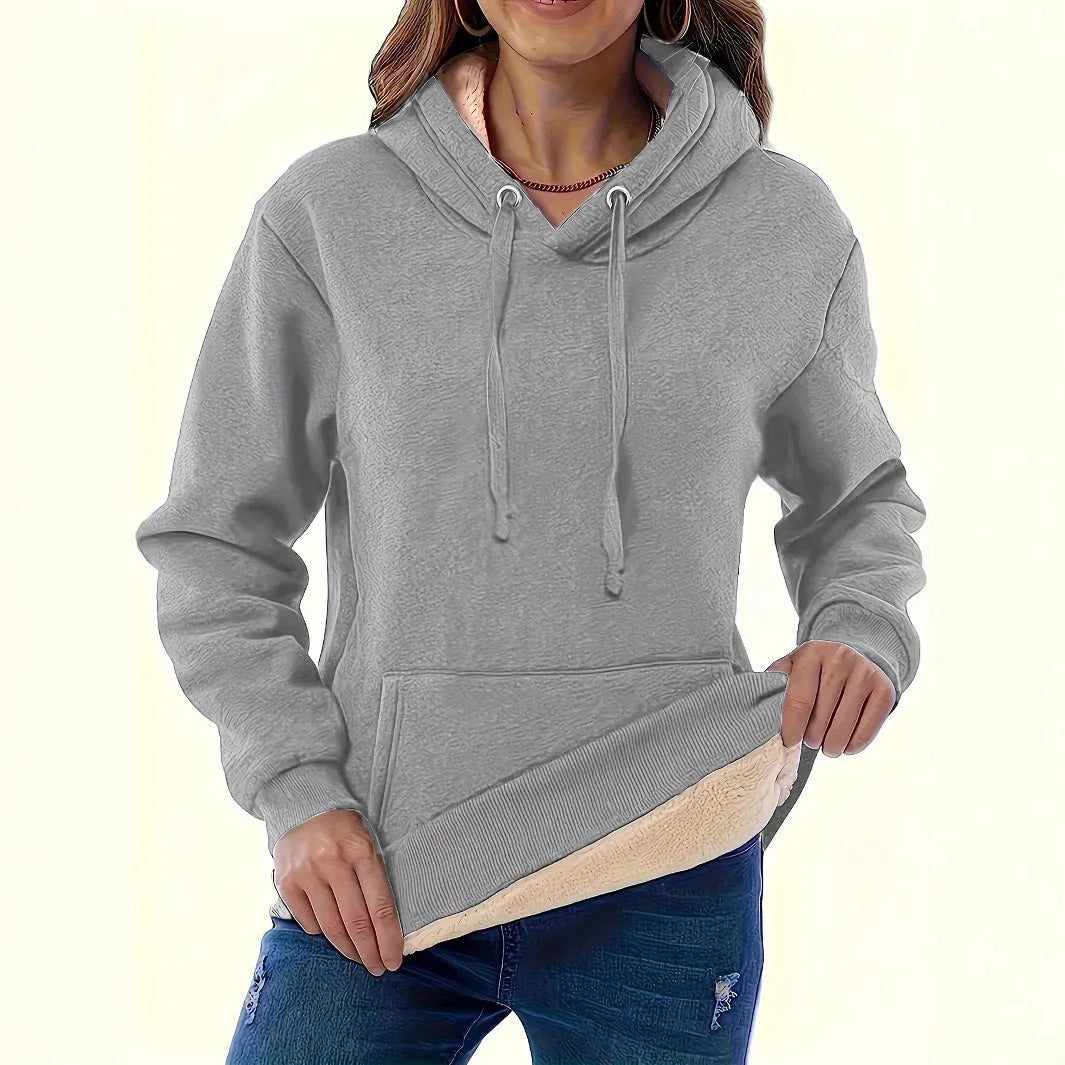 Women's thick polyester hooded sweater with 3D pattern, pockets, and loose fit design in multiple colours