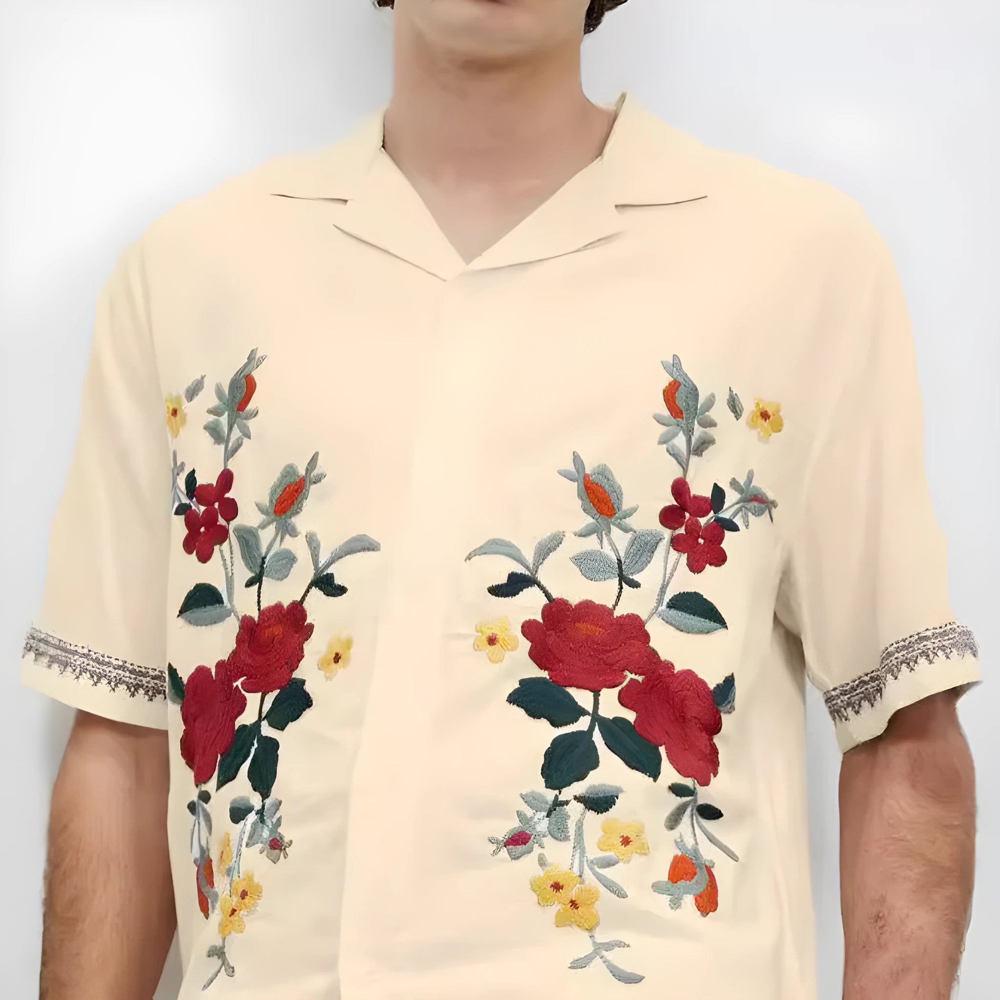 Men's apricot-coloured summer shirt with vintage floral pattern, short sleeves, and lapel collar