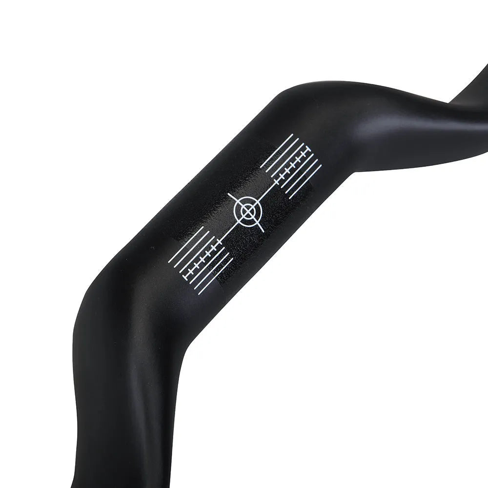 Black carbon fibre road bicycle handlebars showing large swing angle design