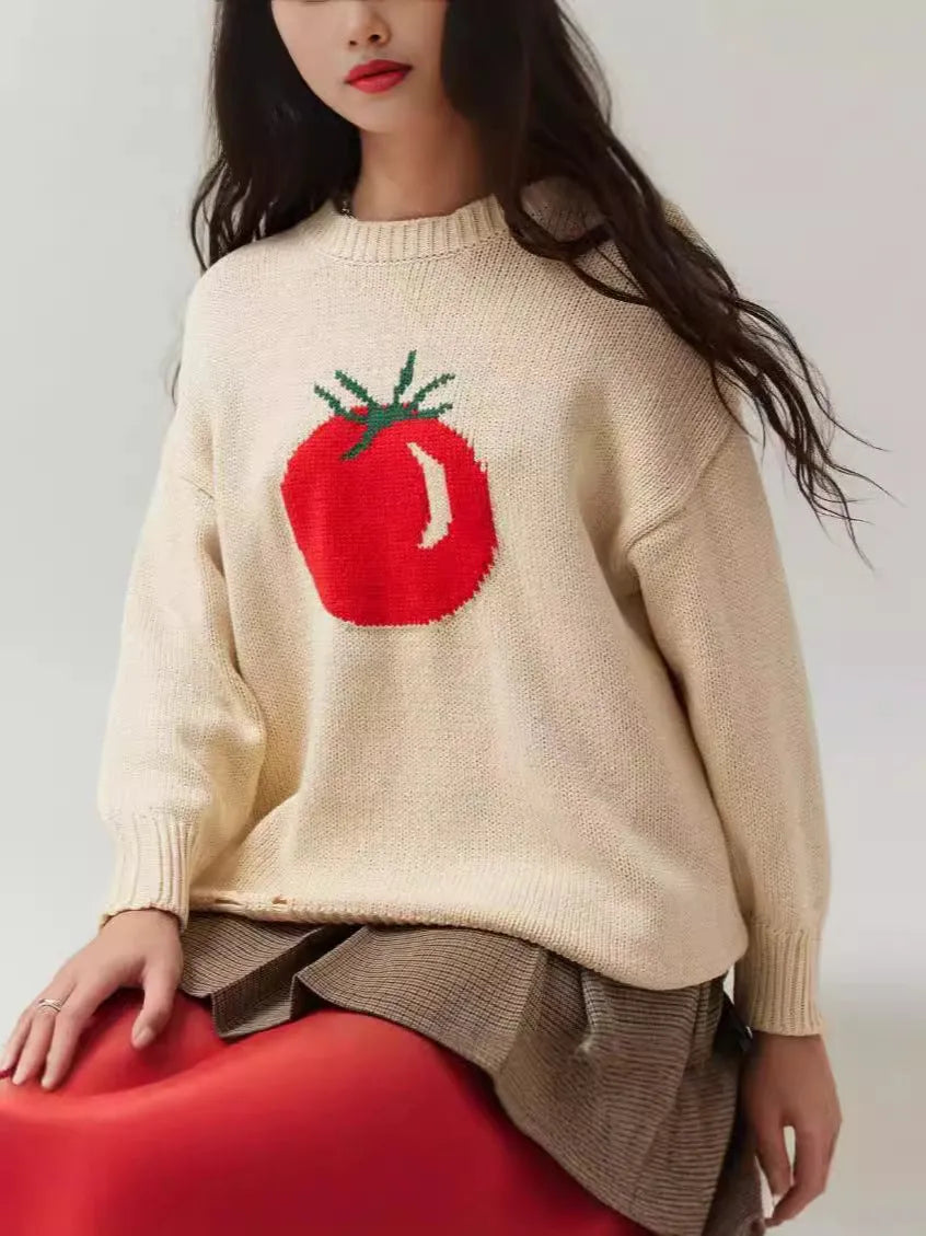 Women's beige acrylic Jacquard pullover sweater with round neck and loose-fitting medium length design