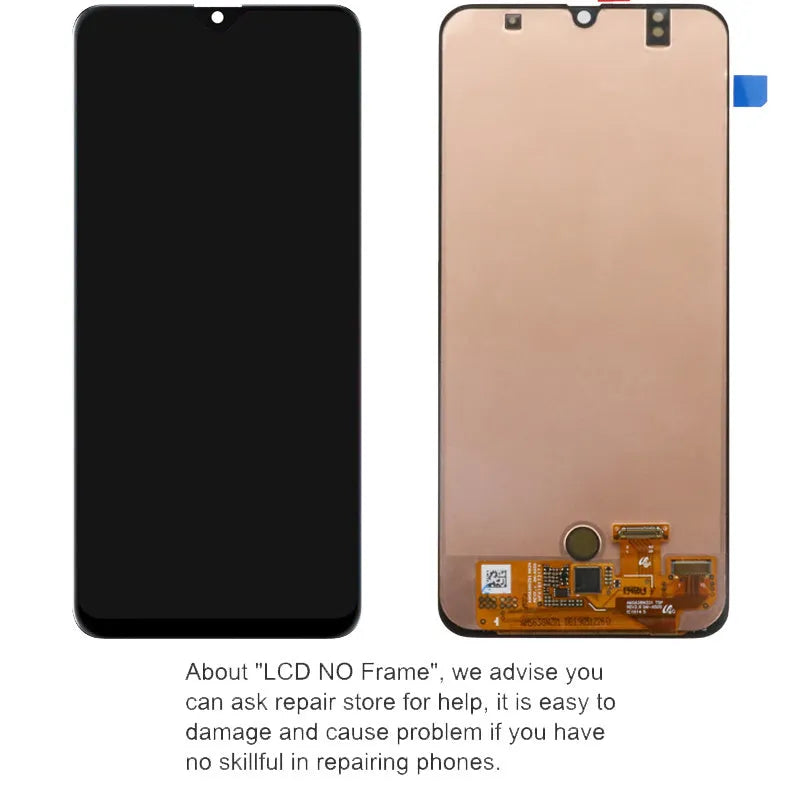 Samsung Galaxy A50 black OLED screen assembly with adhesive and repair tools laid out.
