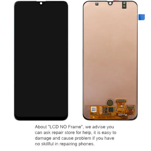 Samsung Galaxy A50 black OLED screen assembly with adhesive and repair tools laid out.