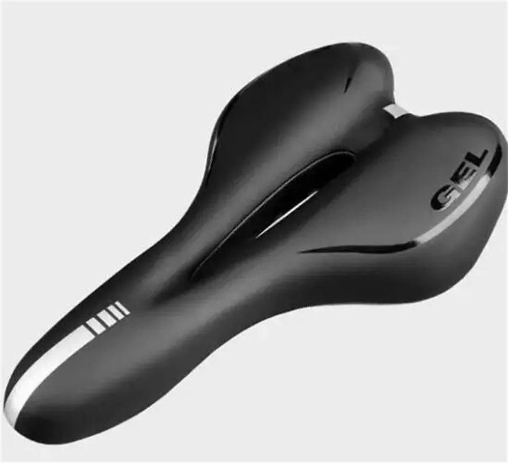 Soft silicone bicycle cushion with PU leather cover, wrench, and waterproof accessories.