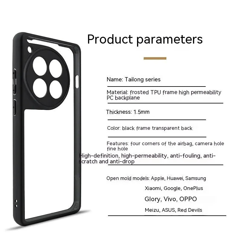 Transparent PC TPU frosted phone case with black border for OnePlus, showing corner airbags and camera cutout