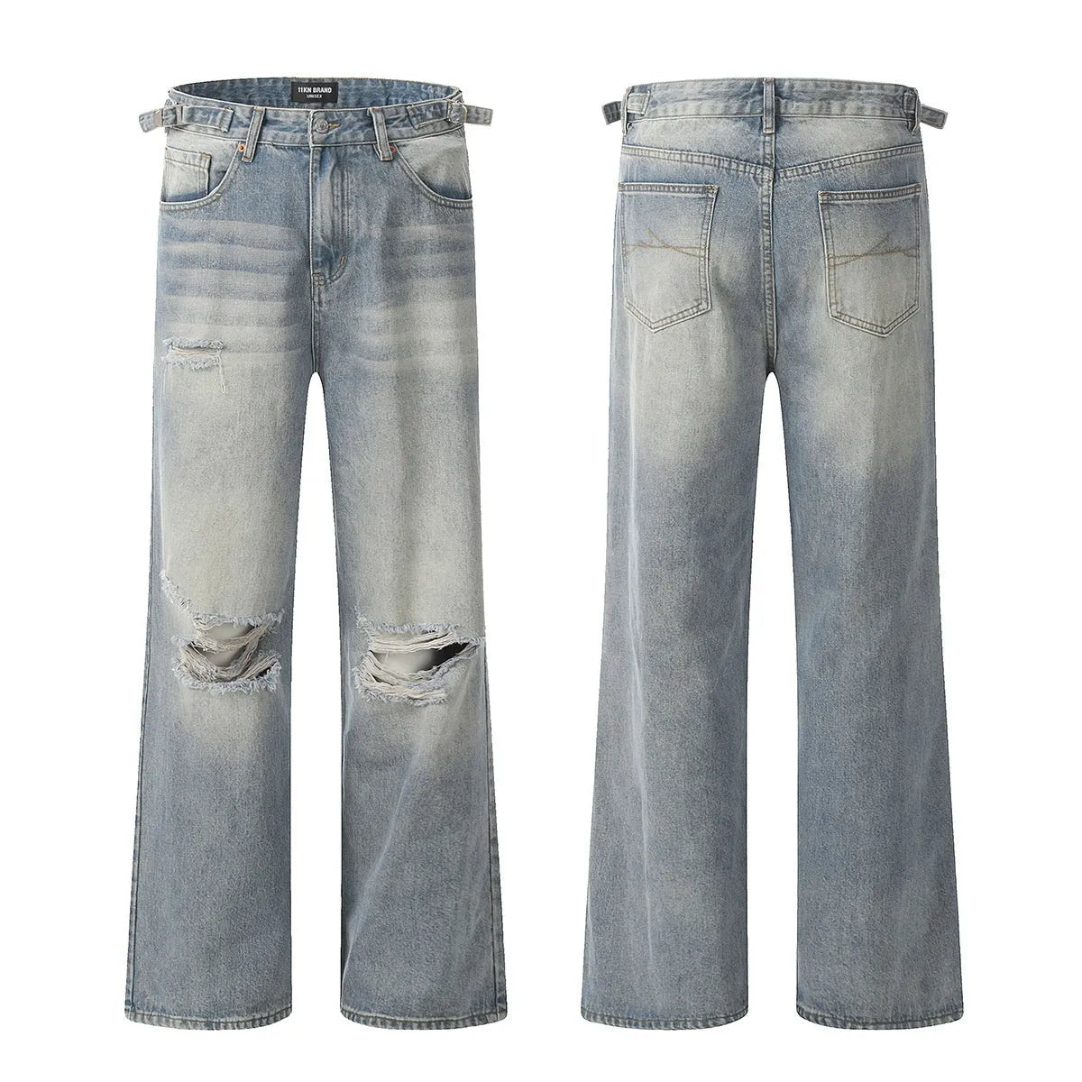 Men's blue straight leg jeans with ripped detailing on a cotton blend fabric.