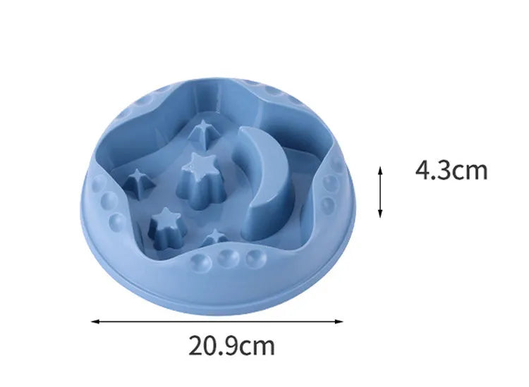 Moon Star Wings slow feeder dog bowl in blue colour with raised obstacles and anti-slip base.