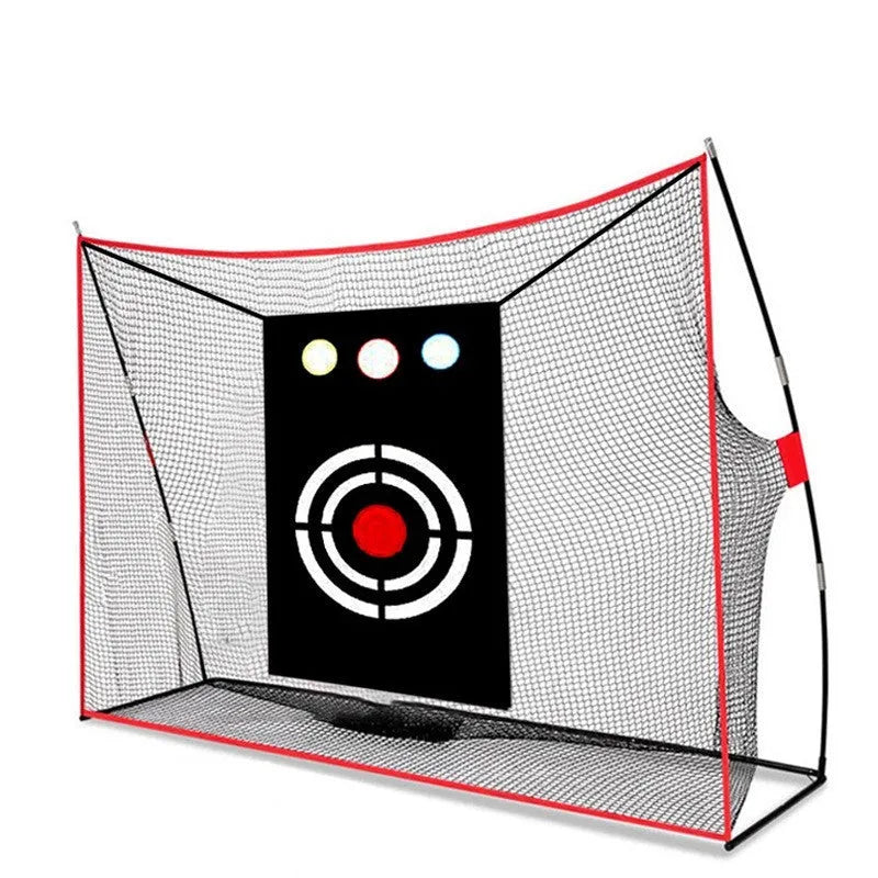 Golf swing wedge training net kit with cross target, straw mat, and practice balls