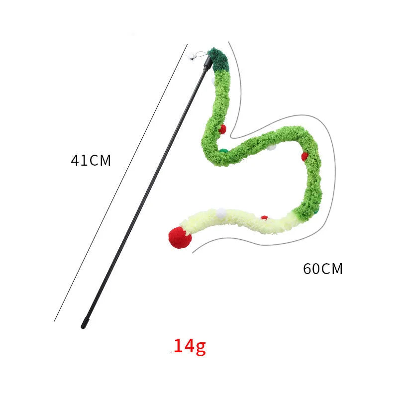 Blue interactive cat wand toy with a long plush strip, fluffy ball, and bell on a 41cm pole.