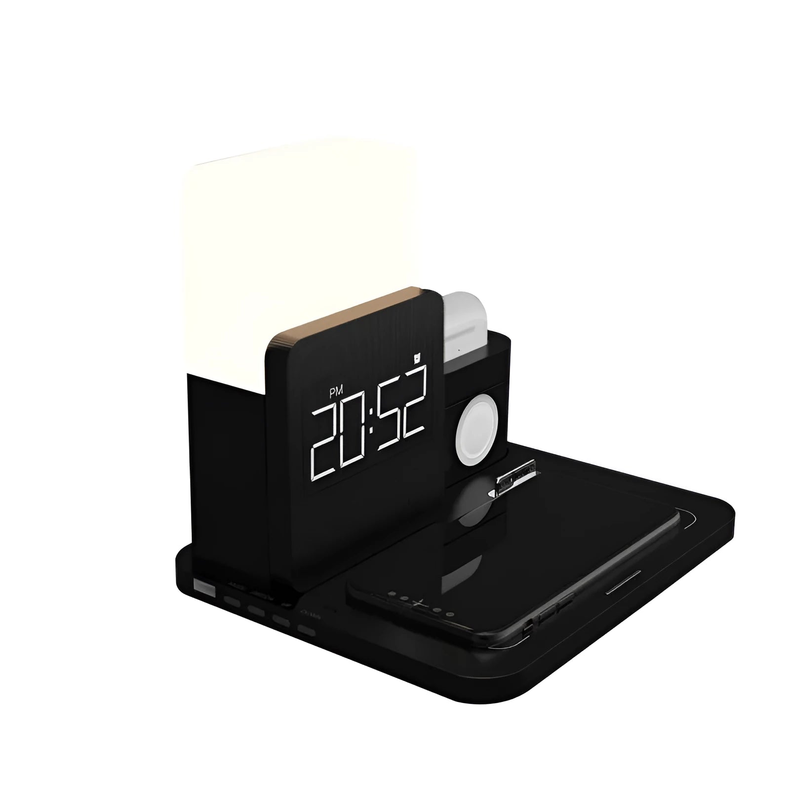 Dark green wireless charging stand holding mobile phone upright with cooling fan visible