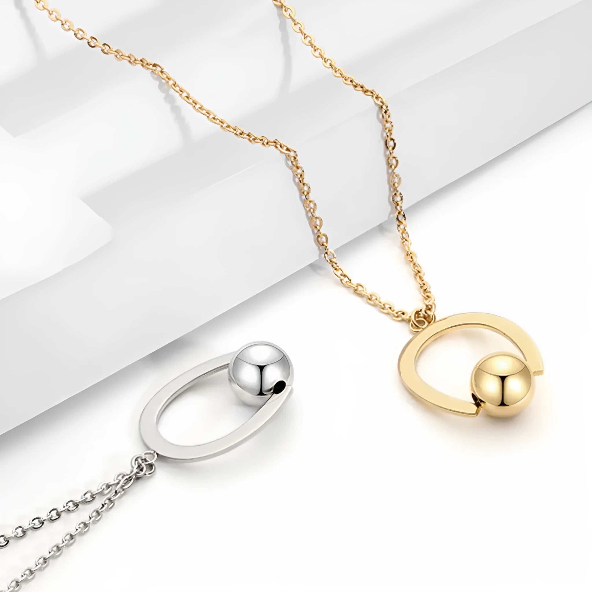 Stainless steel bead chain necklace with geometric pendant, adjustable length