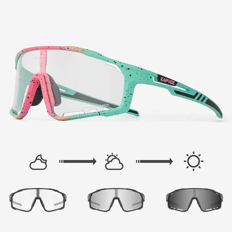 Photochromic sports sunglasses with semi-rimless TR90 frame for cycling.