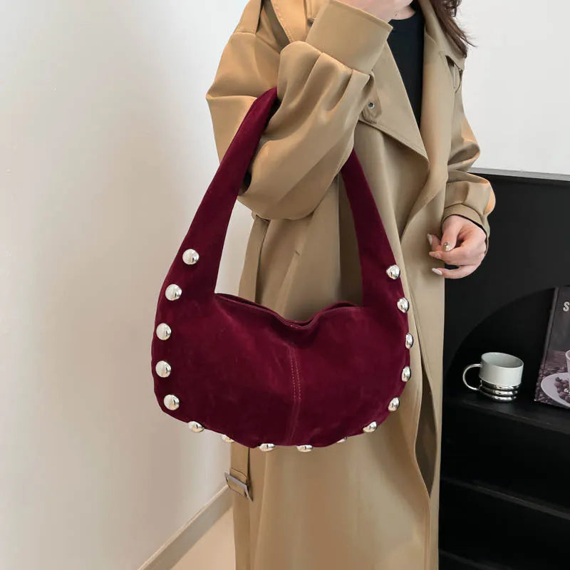European and American style suede rivet underarm handbag in coffee colour with stitching and contrast detail