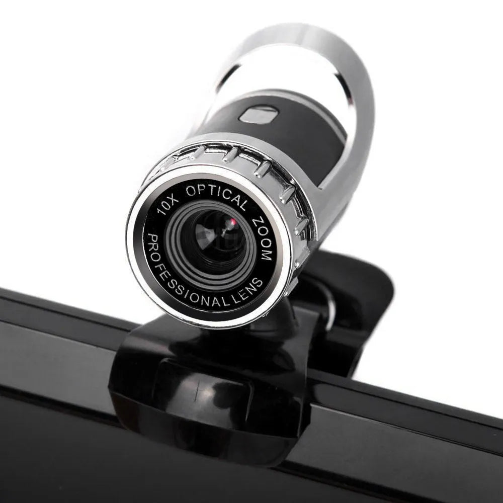 Computer video USB camera with built-in sound-absorbing microphone in black and silver, 640x480 resolution, glass lens, 140cm cable