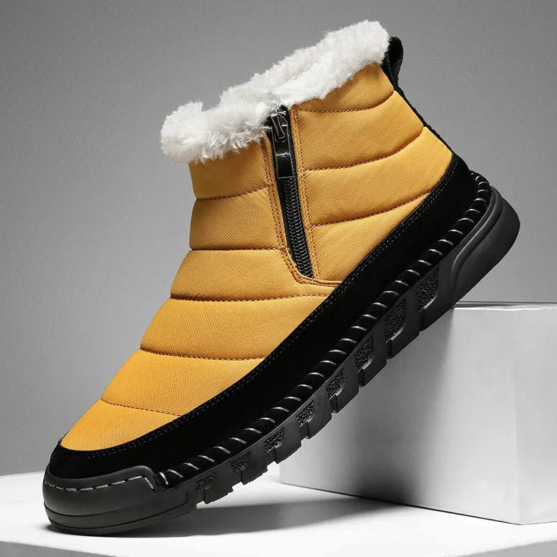 Men's plus size insulated snow boot in black with cotton upper and non-slip rubber sole.