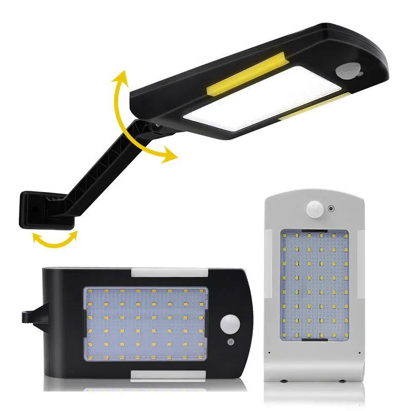 Solar-powered outdoor garden light with motion sensor in black or white colour with wall mount or pole installation
