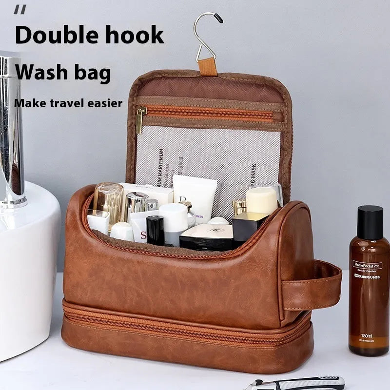 Leather travel toiletry bag in brown with hook, showing main compartment and portable design
