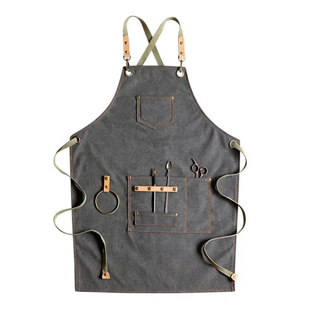Canvas apron with cross back straps in camel colour