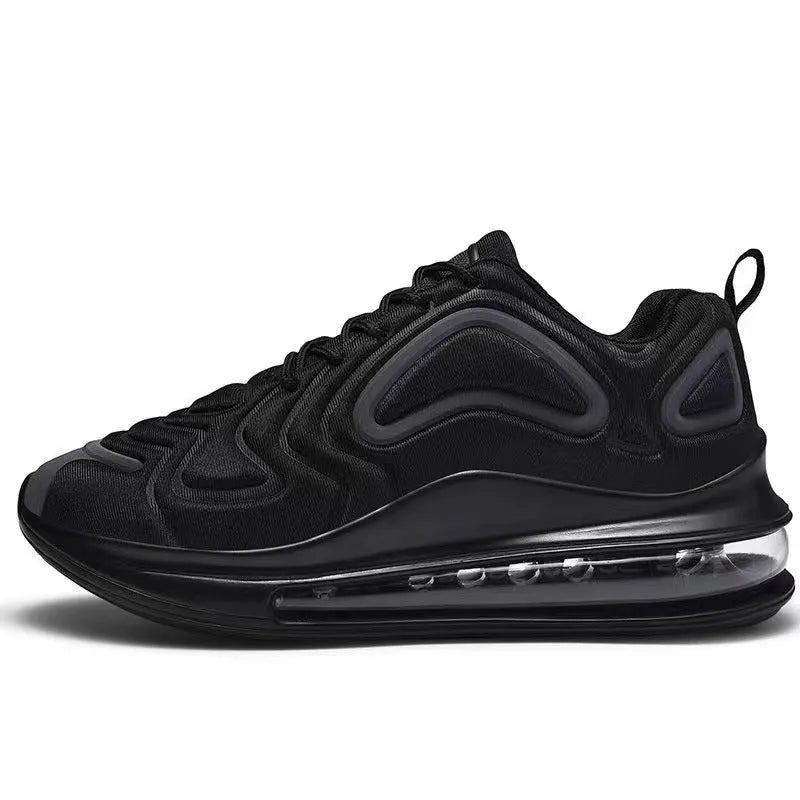 Men's black casual air cushion sneakers with a thick sole and round toe design.
