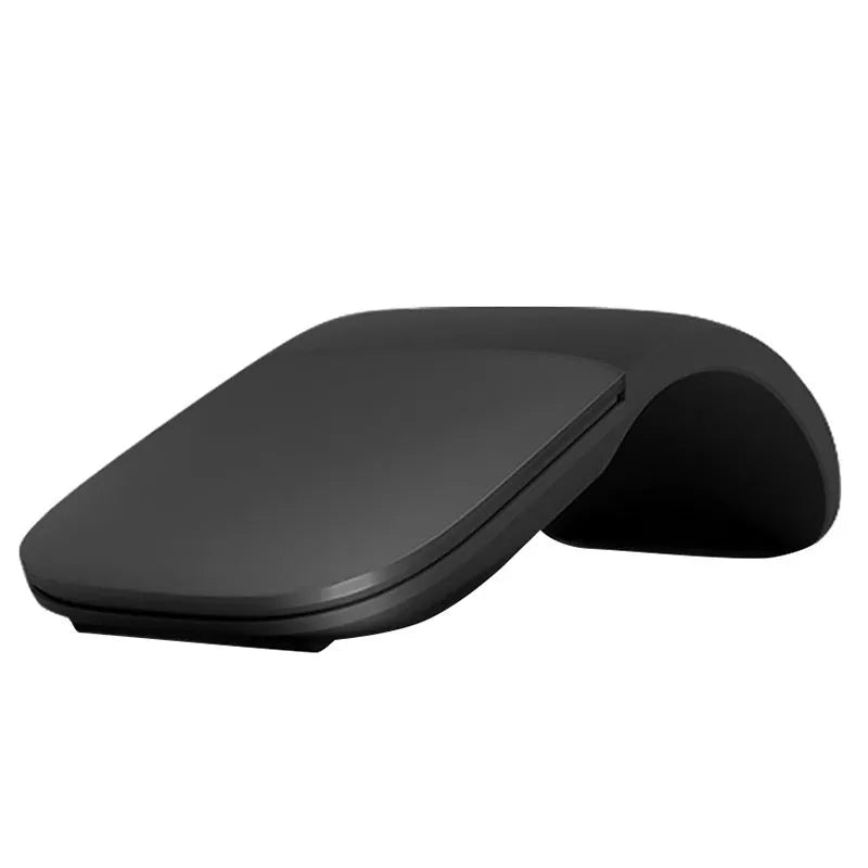 Black folding touch wireless mouse shown both folded and unfolded for portable use.