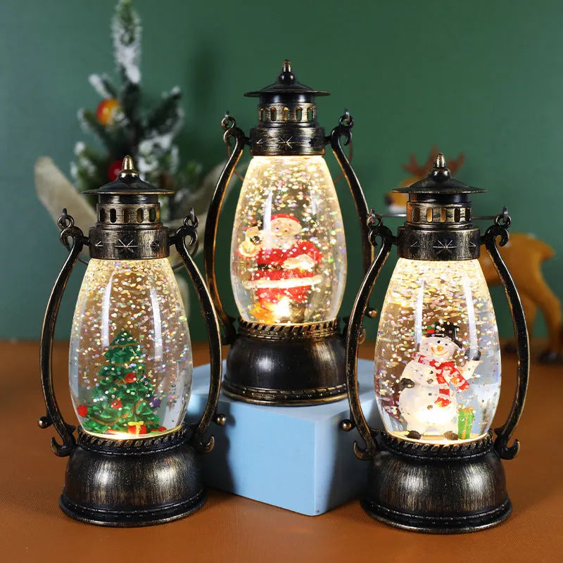 Crystal ball oil lamp Christmas ornament with LED light, snowman or elderly figure theme.