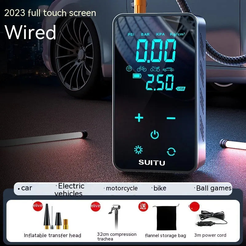 Wireless car tyre inflator with digital LCD screen showing pressure reading