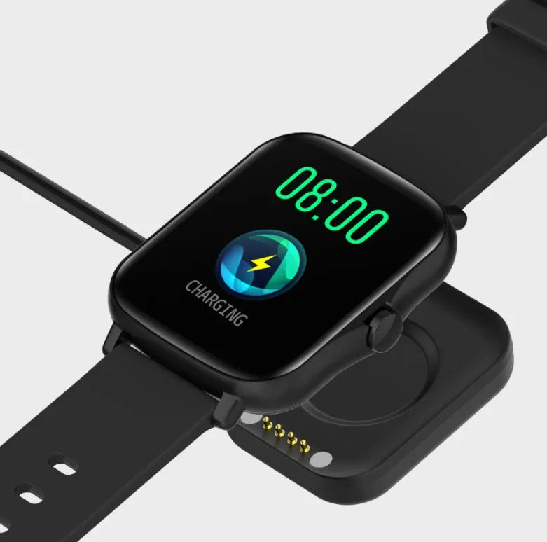 Black smart watch with 1.7-inch colour touch screen and silicone strap on a wrist.