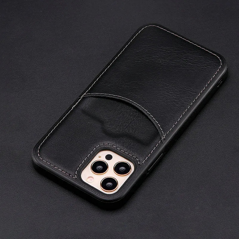 Dark blue PU leather protective case for iPhone, shown fitting an iPhone model.