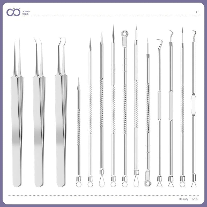 Four silver metal acne needles with fine pointed tips laid out on a flat surface.
