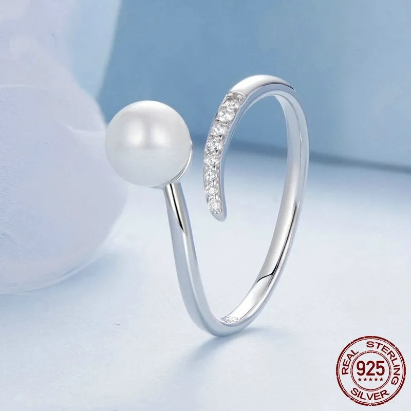 Sterling silver adjustable open loop ring with shell pearls centrepiece, S925 silver construction
