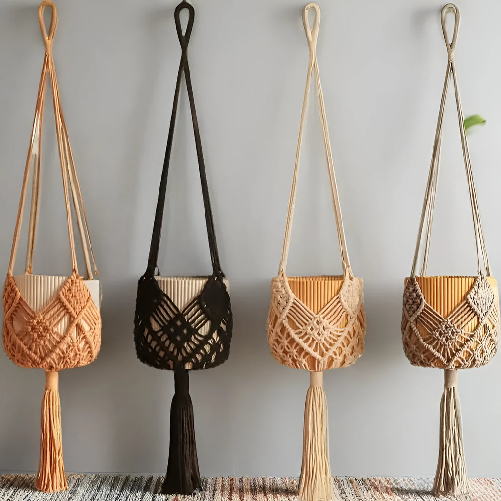 Hand-woven minimalist flower pot in polyester cotton fabric shown in brown colour