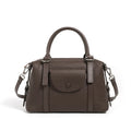 Genuine leather street trend handbag with lock detail and contrast stitching in 27x12x20 cm size
