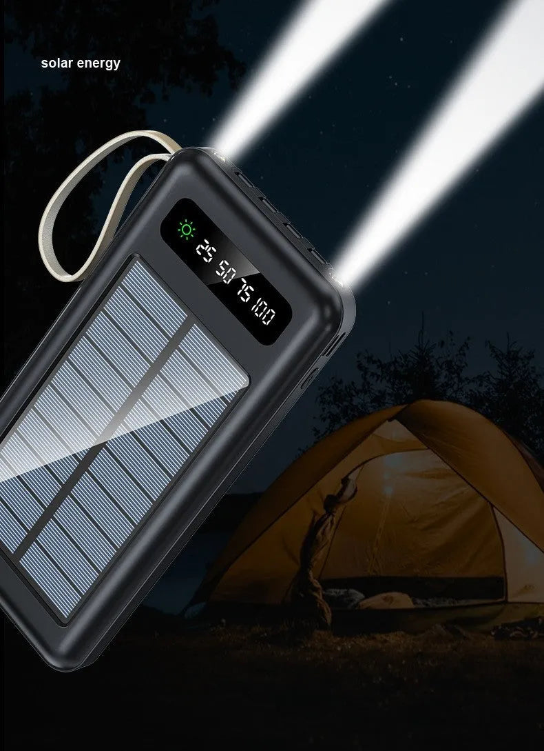 Black and white solar power bank showing front view with dimensions 144mm by 68mm.