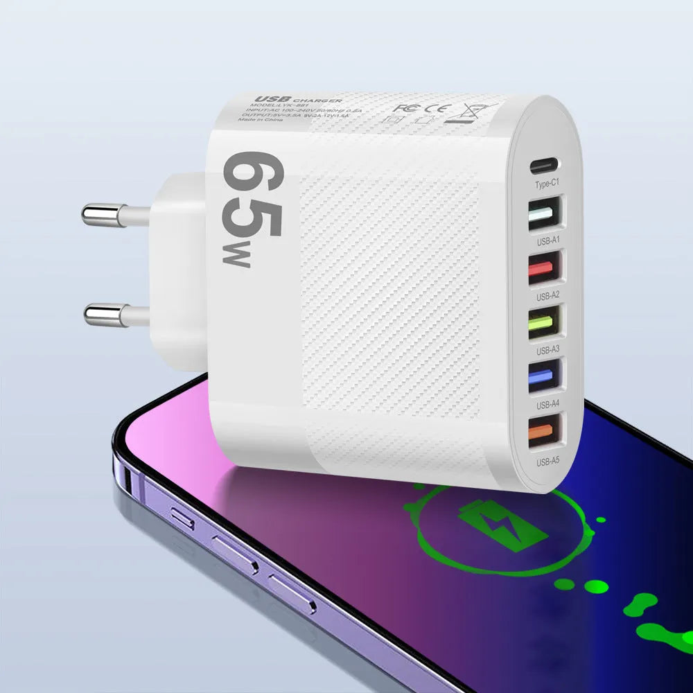 White mobile charging plug showing USB port and international adapter interfaces