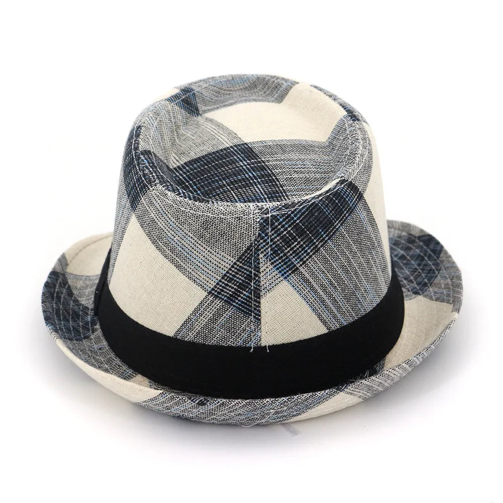 Blue and black polyester straw sun hat with bell crown for outdoor travel sun protection.
