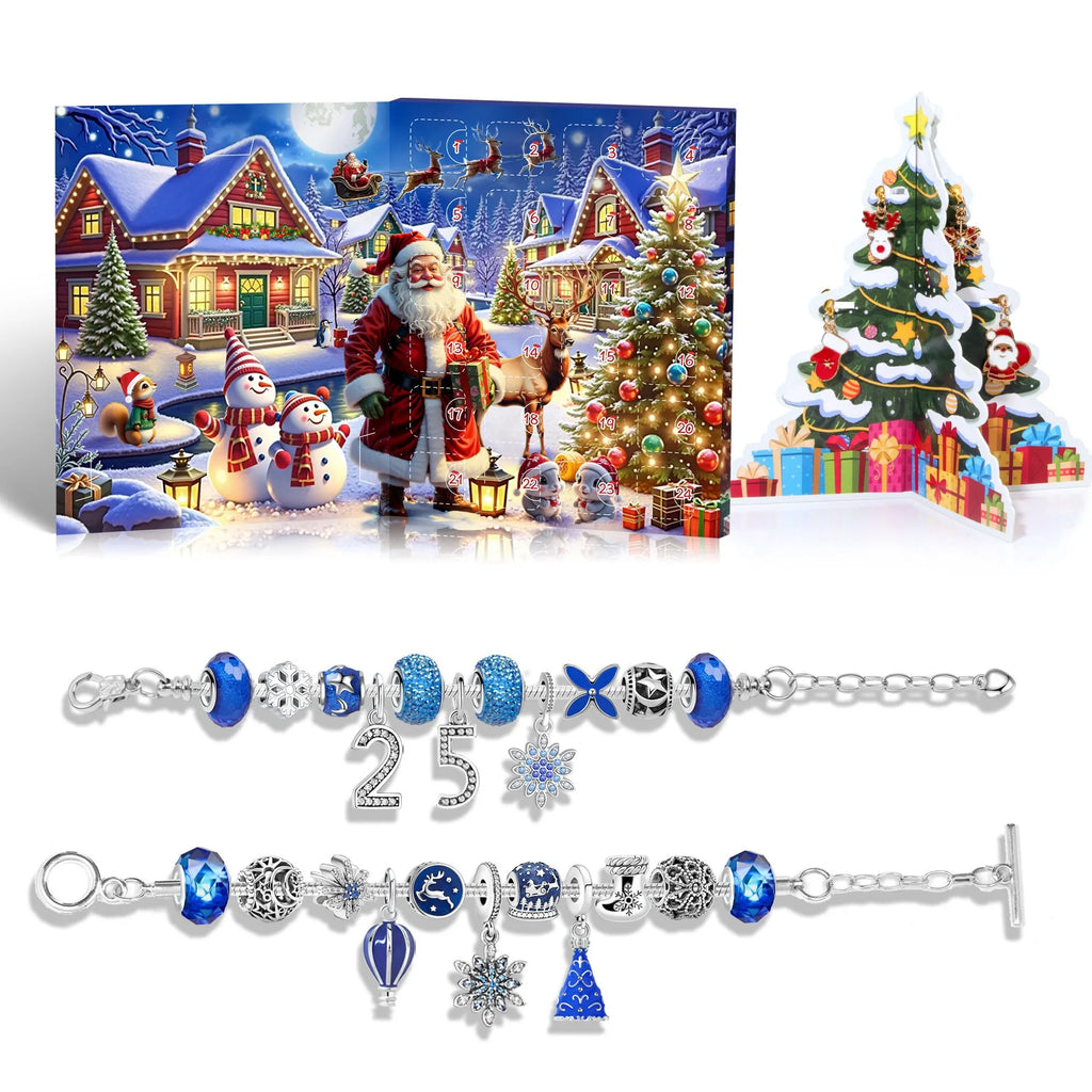 24 grid Christmas advent calendar countdown set with zinc alloy frame electroplated finish and bracelet blind box in flip vertical blue