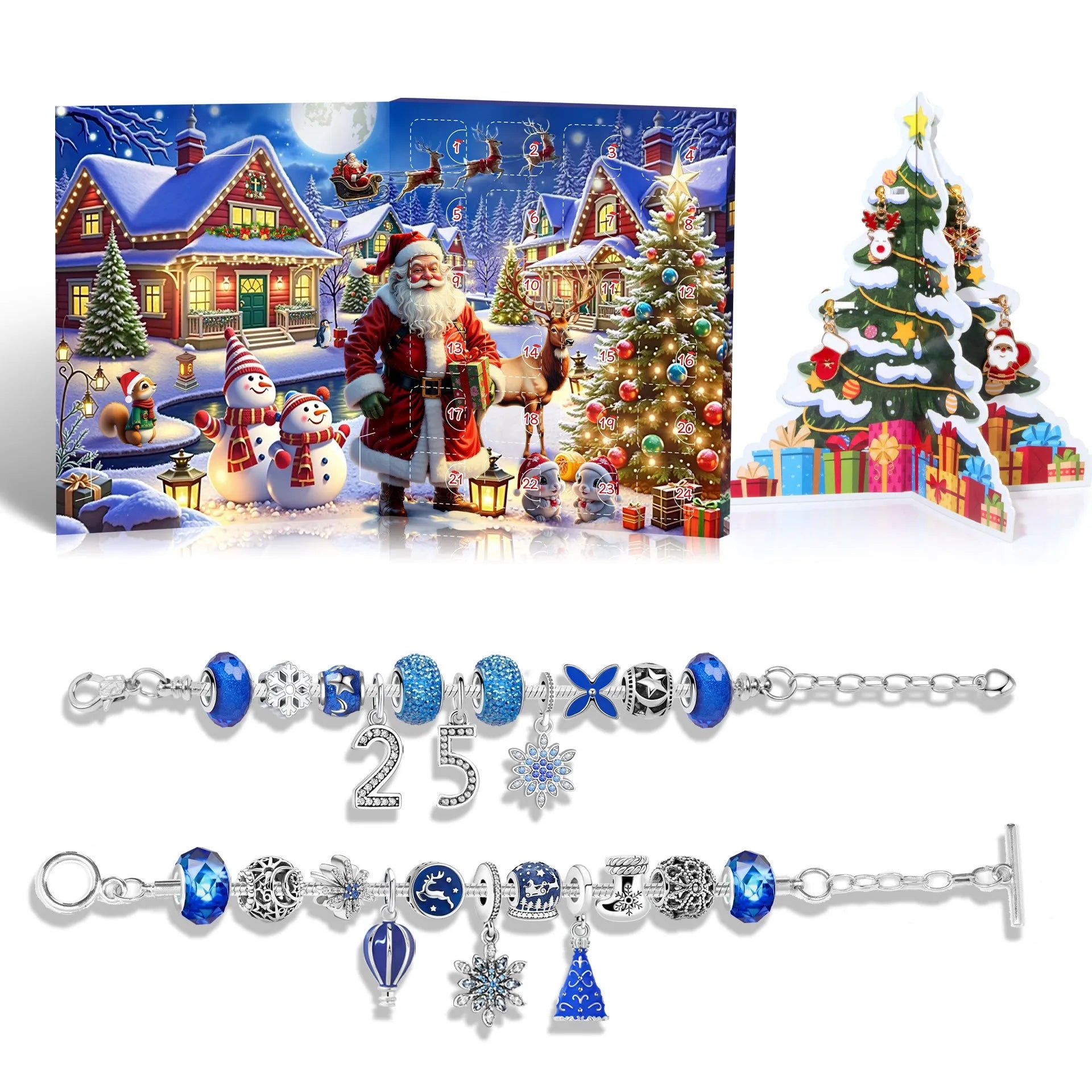 24 grid Christmas advent calendar countdown set with zinc alloy frame electroplated finish and bracelet blind box in flip vertical blue