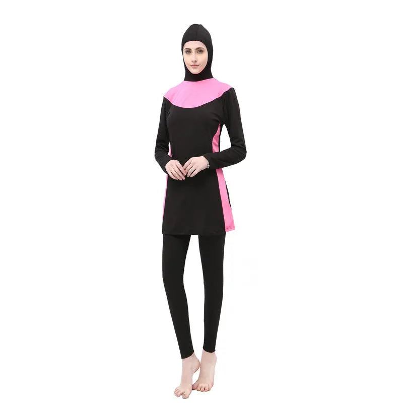 Conservative black women's hooded swimsuit with long sleeves, shown as a two-piece set.
