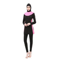 Conservative black women's hooded swimsuit with long sleeves, shown as a two-piece set.