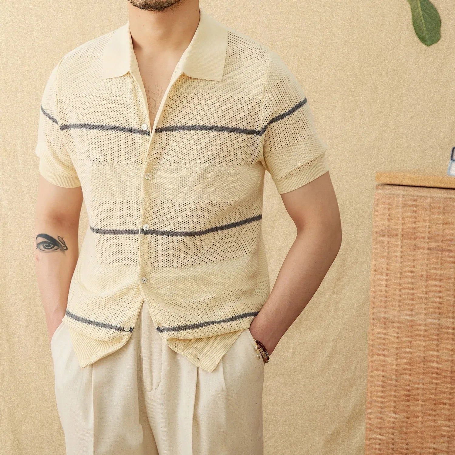 Men's camel coloured lapel collar cardigan with short sleeves made from cotton linen blend fabric
