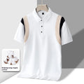 Men's striped cotton T-shirt with business lapel collar and short sleeves